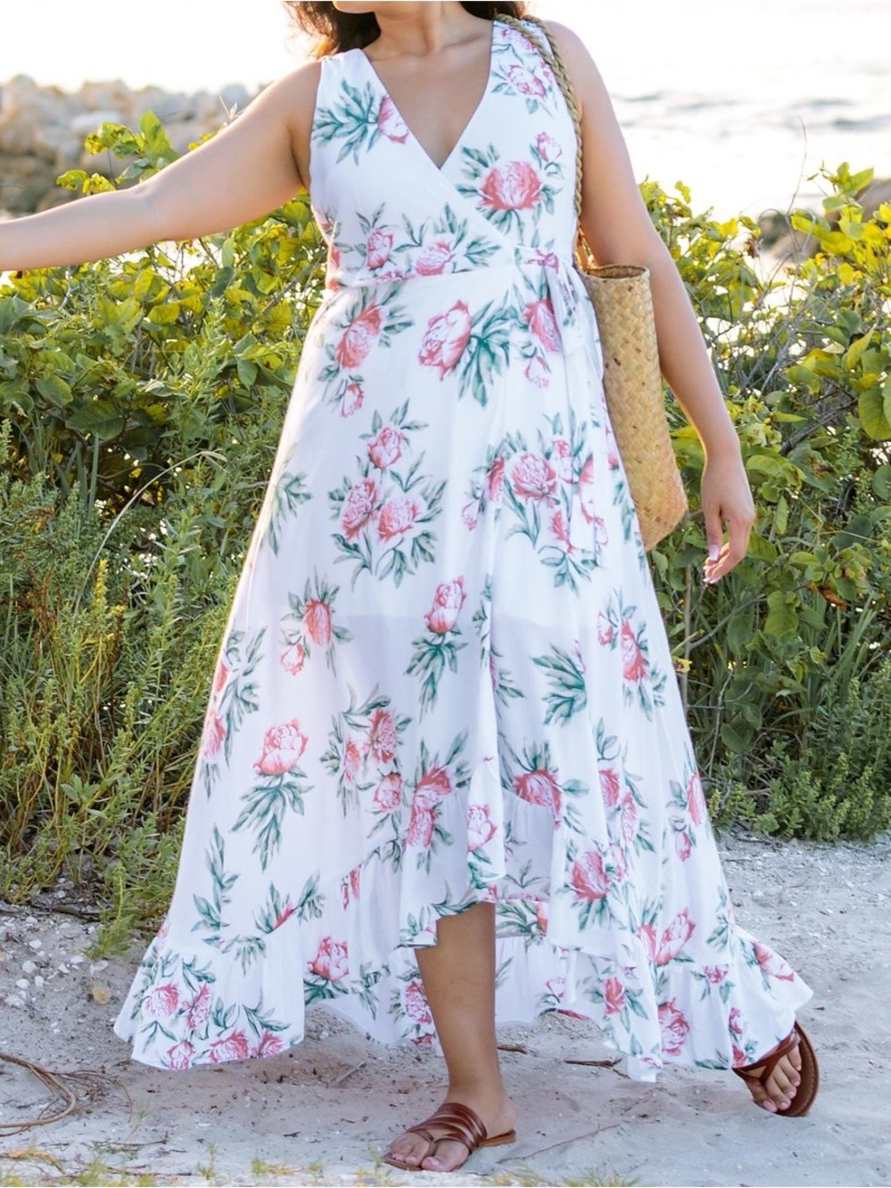 White Floral High-Low Maxi Dress with Pink & Green Blooms
